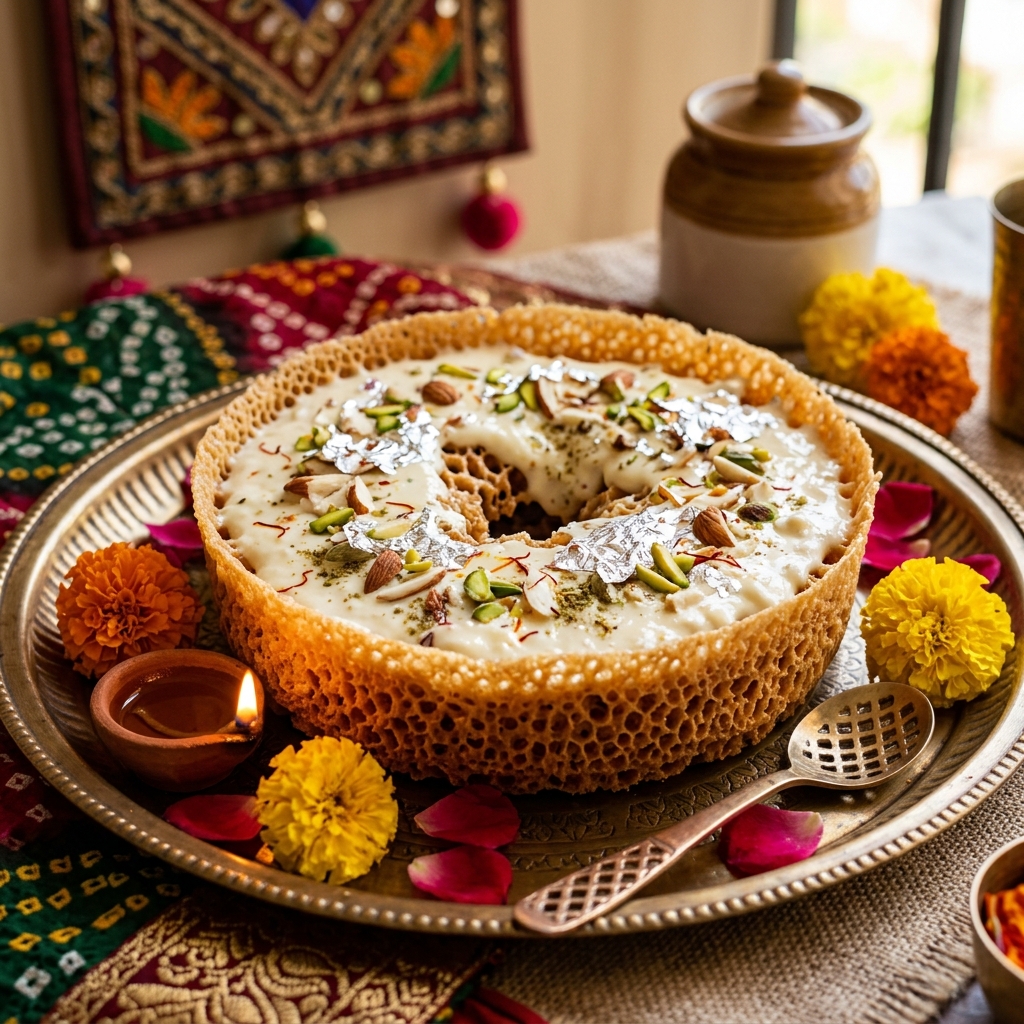 Royal Rajasthani Honeycomb Ghewar with Rabri